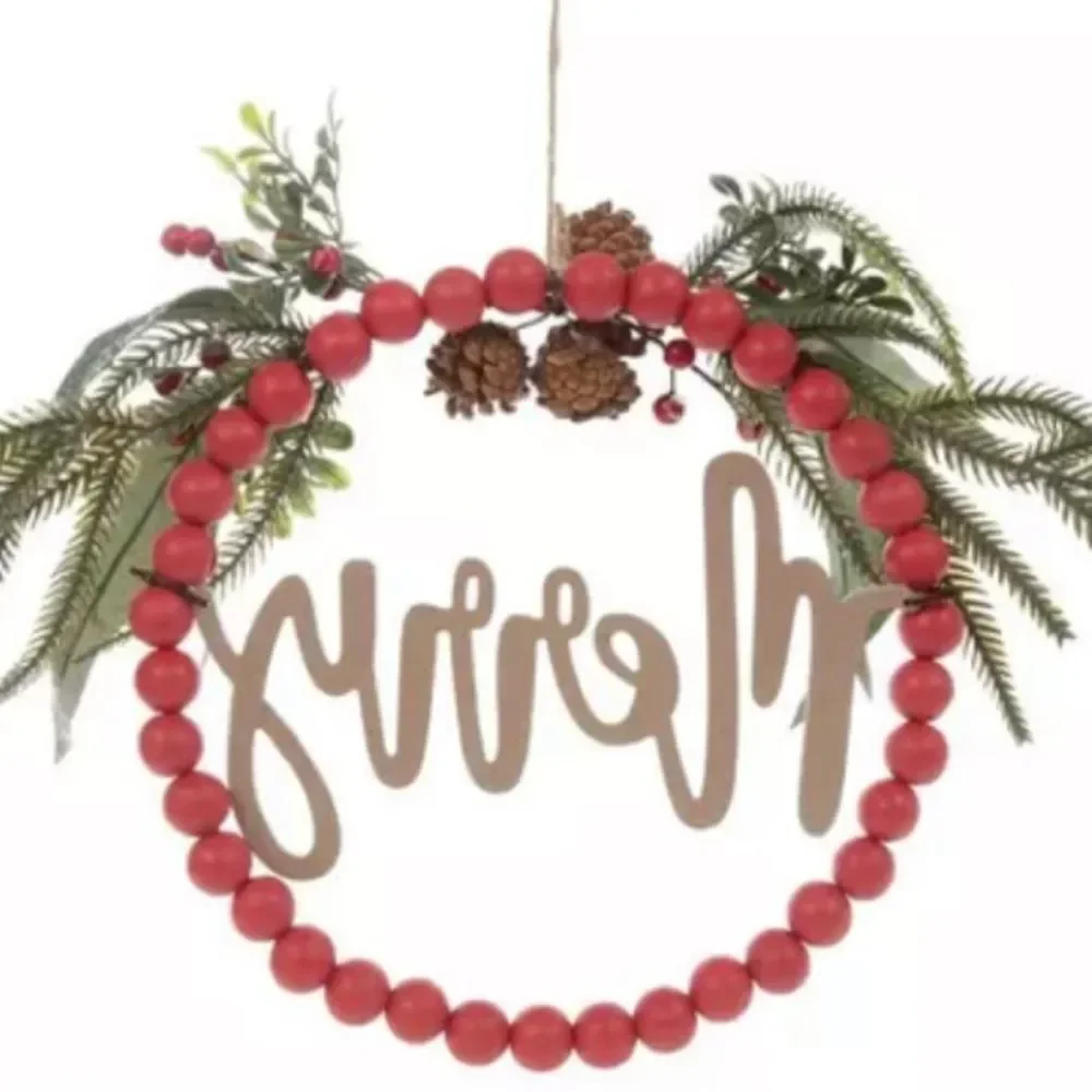 Holiday Wreath with Red Beads and Greenery